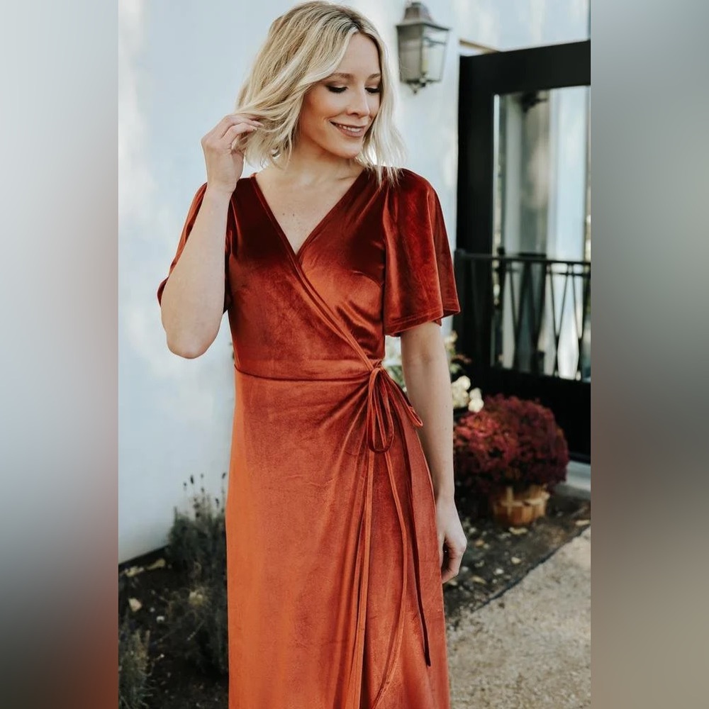 Baltic Born Orange Rust Velvet maxi wrap dress